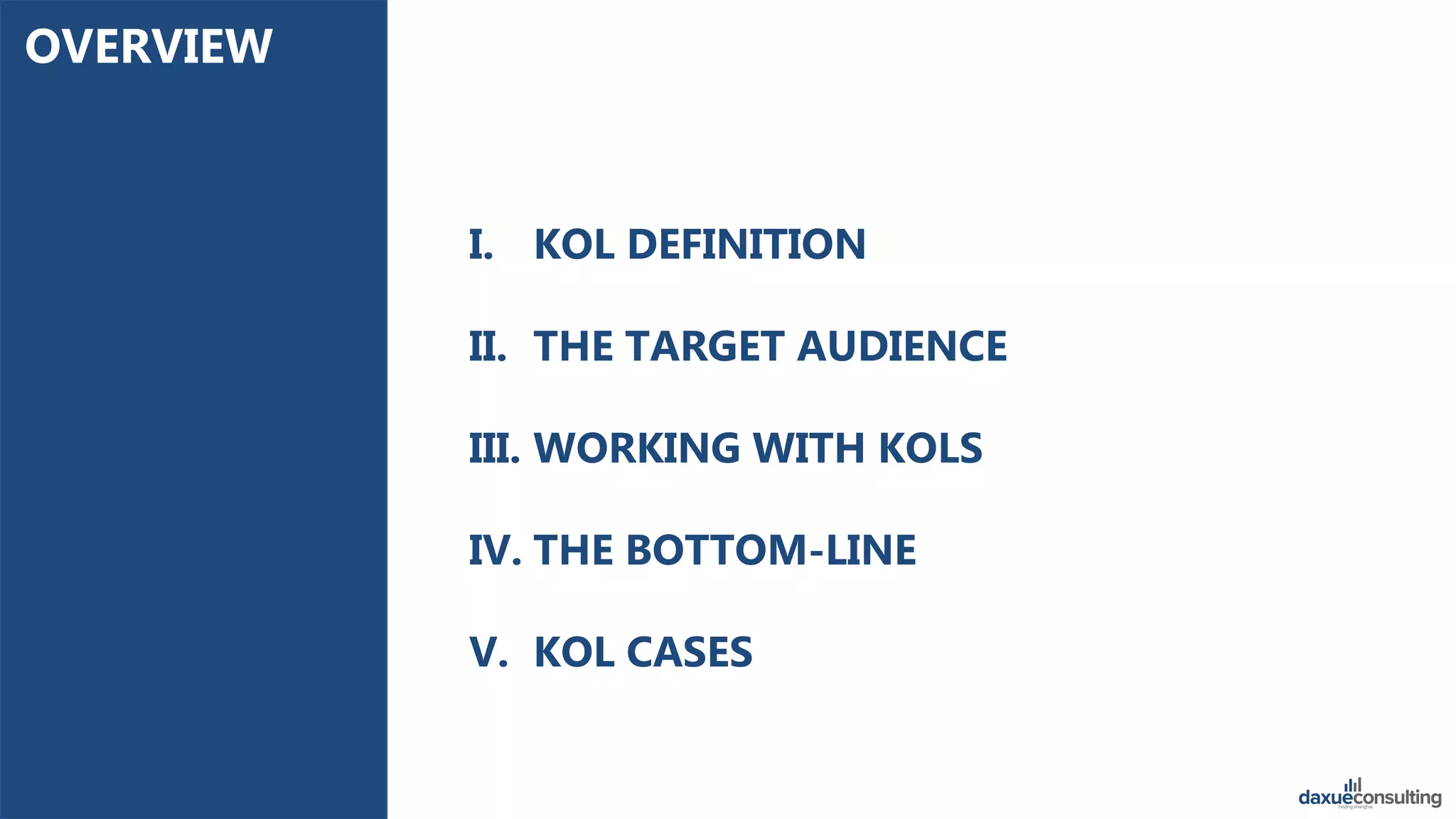 OVERVIEW
I. KOL DEFINITION
II. THE TARGET AUDIENCE
III. WORKING WITH KOLS
IV. THE BOTTOM-LINE
V. KOL CASES
 