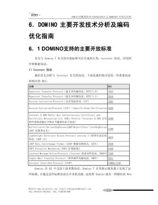 IBM 官方推荐用书-CHINALOTUS 之 DOMINO7 开发大百科


6．DOMINO 主要开发技术分析及编码
优化指南
6．1 DOMINO支持的主要开放标准
     首先与 Domino 7 有关的开放标准可以分成两大类：Internet 协议、应用程
序和数据协议。
1）Internet 协议
     我们首先分析与 Internet 有关的协议。下面是我们将讨论的一些重要协议
和相应的 RFC：
名称                                                             RFC
Hypertext Transfer Protocol（超文本传输协议，HTTP/1.0）                  1945
Hypertext Transfer Protocol（超文本传输协议，HTTP/1.1）                  2616
Session Initiation Protocol（会话发起协议，SIP）                        3261

Session Initiation Protocol（SIP）--Specific Event Notification 3265

Internet X.509 Public Key Infrastructure Certificate and
Certificate Revocation List (CRL) Profile（Internet X.509 公共 3280
密约基础设施证书和证书撤销列表子协议）

Definition of the inetOrgPerson LDAP Object Class（inetOrgPerson
                                                                2798
LDAP 对象类定义）
Lightweight Directory Access Protocol version 3（轻型目录访问
                                                       3673
协议，LDAP v3）
LDAP Data Interchange Format（LDAP 数据交换格式，LDIF）                 2849
POP3 Extension Mechanism（POP3 扩展机制）                            2449
Internet Message Action Protocol（Internet 消息动作协议，IMAP4）3348
Simple Mail Transfer Protocol（简单邮件传输协议，SMTP）                   2821
Internet Inter-Orb Protocol (IIOP)                             CORBA/IIOP

     Domino 在 R5 中支持上述多数协议。Domino 7 在其核心服务器上实现了这
些标准，并通过这些标准协议公开本机功能。这使得 Domino 成为一种健壮的 Web



WebSite:www.chinalotus.com E-mail:cndragonws@hotmail.com
TEL：86-0731-5817822 FAX：5159795-608                           ２２
 