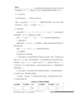 IBM 官方推荐用书-CHINALOTUS 之 DOMINO7 开发大百科
    算术运算符（ * / ＋-）通过加、减、乘、除四种运算将两个数值合二为一。

    5） 文本运算符

    文本并置运算符（ + ）将两个文本值合并。

    例如： CompanyName + , "           Inc．"     ，的操作结果是变量 companvName 的值
    的后面加上一个逗号、一个空格和“ Inc . ”。

    6）比较运算符

     比较运算符（＝、＜＞、！＝、＞＜、＜、＞、＜＝和＞ = ）用来比较相同
类型的数值，并产生一个逻辑结果（真或假）。
     例如： “ London ” = “Lon” + “don”的运算结果的逻辑值是真。
     7）逻辑运算符
     逻辑运算符（!、＆、和 l ）计算逻辑值。逻辑运算的优先级本身就低于周
围的比较运算。
     例如： 4 = 2 十 2 & 5 = 3 + 2 操作的结果值是真。
     (4) 列表操作
     列表操作有以下两种类型：
     1）并列运算符：并列运算符对两个列表进行并列运算。如果一个列表的元素
数量少于另一个，则短一些的列表的最后一个元素将重复若干次以匹配长的列表。
如果列表 1 包含 A : B : C , 而列表 2 包含 1 : 2 ，则列表 2 将作为 1 : 2 :
2 参加运算。对于并列的比较运算，只要对应的列表元素中有一个匹配的情况即
返回真值或 1 。
     2）交叉运算符：交叉运算符对两个列表进行排列组合。计算结果列表的每一
个元素对应于每一种排列组合的情况。
     3）如果在一个列表和一个非列表值之间进行运算，非列表值和列表中的每一
个元素进行匹配计算。
                               下表显示了并列和交叉运算符
并列运算符           交叉运算符           含义            并列运算符        交叉运算符     含义

*               **              乘法            <            *<        小于

WebSite:www.chinalotus.com E-mail:cndragonws@hotmail.com
TEL：86-0731-5817822 FAX：5159795-608                             ４３
 