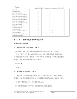 IBM 官方推荐用书-CHINALOTUS 之 DOMINO7 开发大百科
ObjectOpen                                                            ×
OpenDocument                                ×
RemoveFromFolder                            ×
ReplicatorReplicateHigh                     ×
ReplicatorReplicateNext                     ×
ReplicatorReplicateSelect                   ×
ReplicatorReplicateWith                     ×
ReplicatorSendMail                          ×
ReplicatorSendReceiveMail                   ×
ReplicatorStart                             ×
SerCurrenrLocation                          ×
ToolsCategorize                             ×
ToolsReplicate                              ×
ToolsRunBackgroundMacros                    ×                 ×
ToolsRunMacro                               ×                 ×
ToolsScanUnreadSelected                     ×
ViewRefreshUnread                           ×


  6．2．3．3 应用公式语言中的相关分析

  函数引用相关文件描述

  1 ．邮件抬头文件（ notehead . txt )

    邮件抬头文件是一个表示邮件标题单词的自由形态列表。如“ Subject ”、
  “ From ”和“ To”等。为了使＠Abstract 分段考虑邮件标题，则必须以这个
  文件中指定的单词开始，随后接一个冒号和空格。如果要将一个邮件标题的重要
  性提高，则在这个单词后边加上星号。例如：

    Subject *

     From *

  2 ．缩写字典（ noteabbr . txt )

       文件的每一行必须包含两个单词：第一个是原单词，第二个词是它的缩写。
  缩写的单词必须比其替换的词短。大小写问题按下面的方法解决（见表 2 - 11 ）。

    1）缩写不会转换成小写，但可能转换成大写。

    2）如果缩写指定为大写字母，则它将始终以大写形式出现。


  WebSite:www.chinalotus.com E-mail:cndragonws@hotmail.com
  TEL：86-0731-5817822 FAX：5159795-608                        ５８
 