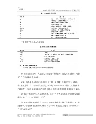 IBM 官方推荐用书-CHINALOTUS 之 DOMINO7 开发大百科




     下表描述了部分样本匹配实例




     l）要在当前数据库（执行公式计算的同一个数据库）内执行查找操作，可指
定””作为函数的全部参数。

     在某一服务器上运行的代理只能对位于同一服务器中的数据库执行查找操
作，也就是说，””代表用户正在运行的本地 NoteslDomino 目录，并且倘若用
户碰巧有一个运行于服务器上的代理，那么该代理不能离开服务器执行查找操作。

     2）要在本地数据库上执行查找操作，使用””作为服务器名并明确指定数据
库名，如”” :“DATABASE . NSF”

     3）要在驻留于服务器上的 Notes / Domino 数据库中执行查找操作（从工作
站执行） 可将服务器的路径和文件名作为一个文本列表包括进来， “SERVER”
    ，                         如        ：
“ DATABASE.NSF”。

WebSite:www.chinalotus.com E-mail:cndragonws@hotmail.com
TEL：86-0731-5817822 FAX：5159795-608                        ６２
 