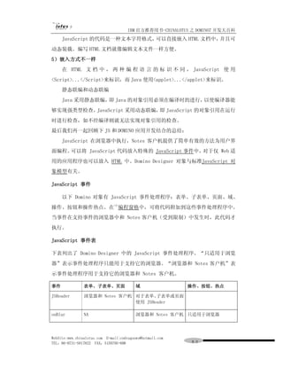 IBM 官方推荐用书-CHINALOTUS 之 DOMINO7 开发大百科
     JavaScript 的代码是一种文本字符格式，可以直接嵌入 HTML 文档中，并且可
动态装载。编写 HTML 文档就像编辑文本文件一样方便。
5）嵌入方式不一样
     在 HTML 文 档 中 ， 两 种 编 程 语 言 的 标 识 不 同 ， JavaScript 使 用
<Script>...</Script>来标识，而 Java 使用<applet>...</applet>来标识。
     静态联编和动态联编
     Java 采用静态联编， Java 的对象引用必须在编译时的进行，
                 即                    以使编译器能
够实现强类型检查。JavaScript 采用动态联编， JavaScript 的对象引用在运行
                           即
时进行检查，如不经编译则就无法实现对象引用的检查。
最后我们再一起回顾下 JS 和 DOMINO 应用开发结合的总结：
     JavaScript 在浏览器中执行，Notes 客户机提供了简单有效的方法为用户界
面编程。可以将 JavaScript 代码放入特殊的 JavaScript 事件中，对于仅 Web 适
用的应用程序也可以放入 HTML 中。Domino Designer 对象与标准JavaScript 对
象模型有关。

JavaScript 事件

     以下 Domino 对象有 JavaScript 事件处理程序：表单、子表单、页面、域、
                               (4)
操作、按钮和操作热点。在 编程窗格中，可将代码附加到这些事件处理程序中。
当事件在支持事件的浏览器中和 Notes 客户机（受到限制）中发生时，此代码才
执行。

JavaScript 事件表

下表列出了 Domino Designer 中的 JavaScript 事件处理程序。“只适用于浏览
器”表示事件处理程序只能用于支持它的浏览器。“浏览器和 Notes 客户机”表
示事件处理程序用于支持它的浏览器和 Notes 客户机。

事件              表单、子表单、页面                 域                操作、按钮、热点

JSHeader        浏览器和 Notes 客户机 对于表单、  子表单或页面
                               使用 JSHeader

onBlur          NA                        浏览器和 Notes 客户机 只适用于浏览器




WebSite:www.chinalotus.com E-mail:cndragonws@hotmail.com
TEL：86-0731-5817822 FAX：5159795-608                        ８０
 