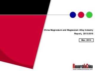 China Magnesium and Magnesium Alloy Industry
Report，2013-2016
Mar. 2014
 