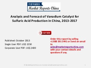 Analysis and Forecast of Vanadium Catalyst for
Sulfuric Acid Production in China, 2013-2017

Published: October 2013
Single User PDF: US$ 1550
Corporate User PDF: US$ 2400

Order this report by calling
+1 888 391 5441 or Send an email
to
sales@marketreportschina.com
with your contact details and
questions if any.

© MarketReportsChina.com / Contact sales@marketreportschina.com

1

 