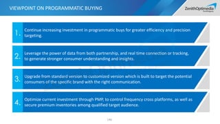 146
Continue increasing investment in programmatic buys for greater efficiency and precision
targeting.1.
Leverage the power of data from both partnership, and real time connection or tracking,
to generate stronger consumer understanding and insights.2.
Upgrade from standard version to customized version which is built to target the potential
consumers of the specific brand with the right communication.3.
Optimize current investment through PMP, to control frequency cross platforms, as well as
secure premium inventories among qualified target audience.4.
VIEWPOINT ON PROGRAMMATIC BUYING
 
