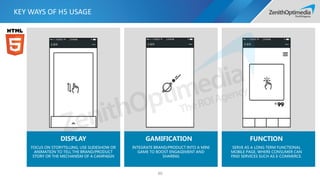 DISPLAY GAMIFICATION FUNCTION
FOCUS ON STORYTELLING. USE SLIDESHOW OR
ANIMATION TO TELL THE BRAND/PRODUCT
STORY OR THE MECHANISM OF A CAMPAIGN
INTEGRATE BRAND/PRODUCT INTO A MINI
GAME TO BOOST ENGAGEMENT AND
SHARING
SERVE AS A LONG TERM FUNCTIONAL
MOBILE PAGE, WHERE CONSUMER CAN
FIND SERVICES SUCH AS E-COMMERCE.
KEY WAYS OF H5 USAGE
30
 