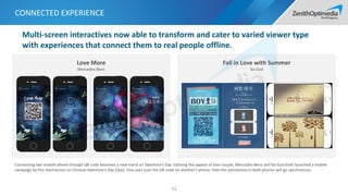 CONNECTED EXPERIENCE
32
Fall in Love with Summer
Six God
Love More
Mercedes-Benz
Connecting two mobile phone through QR code becomes a new trend on Valentine’s Day. Utilizing the appeal of love couple, Mercedes-Benz and Six God both launched a mobile
campaign by this mechanism on Chinese Valentine’s Day (Qixi). One user scan the QR code on another’s phone, then the animations in both phones will go synchronous.
Multi-screen interactives now able to transform and cater to varied viewer type
with experiences that connect them to real people offline.
 