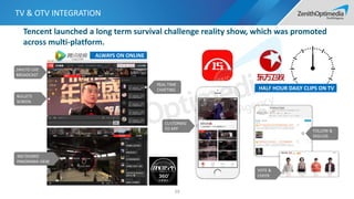 TV & OTV INTEGRATION
39
HALF HOUR DAILY CLIPS ON TV
24H/7D LIVE
BROADCAST
BULLETS
SCREEN
REAL TIME
CHATTING
360 DEGREE
PANORAMA VIEW
Tencent launched a long term survival challenge reality show, which was promoted
across multi-platform.
ALWAYS ON ONLINE
FOLLOW &
DISCUSS
CUSTORMIZ
ED APP
VOTE &
CHEER
 