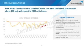 CONSUMER CONFIDENCE
4
Source: National Bureau of Statistics – Jul 2015
CONTRIBUTION FACTORS
• GDP distribution structure adjustment (shift
from heavy industrial production based economy
towards services focused enrironment)
• Central bank further lower rates and loosened
loan restrictions
• Consistent low unemployment rate
• Steady development of disposable household
income
• Government’s policy to encourage consumption,
especially for lower tiers
CHINA CONSUMER CONFIDENCE
85
90
95
100
105
110
115
Even with a slowdown in the Economy China’s consumer confidence remains well
above 100 and well above the 2008 crisis levels.
 