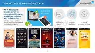 All TV stations and
program owners can
connect to Wechat system
and activate audiences
with shake function.
WECHAT OPEN SHAKE FUNCTION FOR TV
46
Improve TV
Rating
Expand
Content
Connect
Commercial Value
180mil+ participants, 60+TV
stations, 110+ programs, 100mil+
coverage excluding gala.
Source: Tencent, May 2015
 
