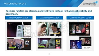 59
Purchase function are placed on relevant video content, for higher noticeability and
conversion.
ORIGINAL COOPERATION CELEBRITY COOPERATION CATEGORY PRODUCT CO-OP
Note: coming
soon in iQiyi
WATCH & BUY IN OTV
 