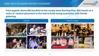 DRAMA VARIETY SHOW
CASE: RIO’S OCCASION CONTENT PLACEMENT
62
From popular drama My Sunshine to hot variety show Running Man, RIO invests on a
series of content placement as the look to build strong association with friends
gathering.
 