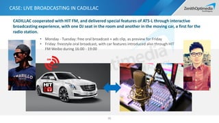 CASE: LIVE BROADCASTING IN CADILLAC
95
• Monday - Tuesday: free oral broadcast + ads clip, as preview for Friday
• Friday: freestyle oral broadcast, with car features introduced also through HIT
FM Weibo during 16:00 - 19:00
CADILLAC cooperated with HIT FM, and delivered special features of ATS-L through interactive
broadcasting experience, with one DJ seat in the room and another in the moving car, a first for the
radio station.
 