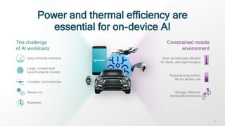 1010
The challenge
of AI workloads
Constrained mobile
environment
Very compute intensive
Large, complicated
neural network models
Must be thermally efficient
for sleek, ultra-light designs
Complex concurrencies
Always-on
Real-time
Requires long battery
life for all-day use
Storage / Memory
bandwidth limitations
Power and thermal efficiency are
essential for on-device AI
 