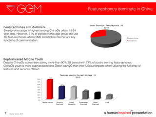 Featurephones dominate in China a human inspired  presentation TM 7 Featurephones still dominate  Smartphone usage is highest among China’s urban 15-24 year olds. However, 71% of people in this age group still use 2G feature phones where SMS and mobile internet are key functions of communication.  Smart Phone vs. Featurephone, 1H 2010 Source: Nielsen, 2010  Sophisticated Mobile Youth  Despite China’s subscribers being more than 90% 2G based with 71% of youths owning featurephones, China’s youth is more sophisticated and ‘tech-savvy’ than their UScounterparts when utilizing the full array of features and services offered.  Features used in the last 30 days, 1H 2010 