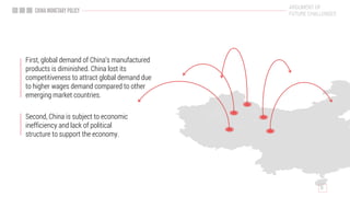 Second, China is subject to economic
inefficiency and lack of political
structure to support the economy.
First, global demand of China’s manufactured
products is diminished. China lost its
competitiveness to attract global demand due
to higher wages demand compared to other
emerging market countries.
ARGUMENT OF
FUTURE CHALLENGES
 
