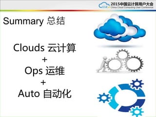 Operations & Automation Results
运维自动化的结果
Summary 总结
Clouds 云计算
+
Ops 运维
+
Auto 自动化
 