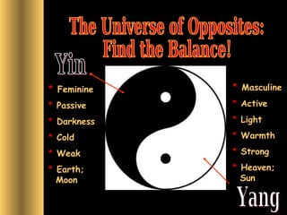 * Feminine

* Masculine

* Passive

* Active

* Darkness

* Light

* Cold

* Warmth

* Weak

* Strong

* Earth;
Moon

* Heaven;
Sun

 