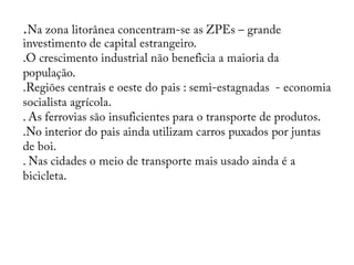 B – Governo de Mao Tsé-tung:.Promoveu a reforma agrária..Estatização de bancos, fábricas, etc..planificação da economia – priorizou a indústria de base, até 1965, com a ajuda de técnicos soviéticos.. Revolução Cultural – baseada no livro Vermelho.