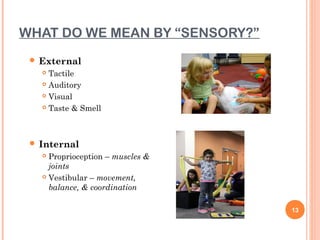 WHAT DO WE MEAN BY “SENSORY?”
  External
    Tactile
    Auditory

    Visual

    Taste & Smell




  Internal
    Proprioception – muscles &
     joints
    Vestibular – movement,

     balance, & coordination

                                  13
 