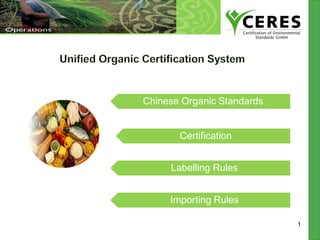1
Chinese Organic Standards
Labelling Rules
Certification
Importing Rules
 