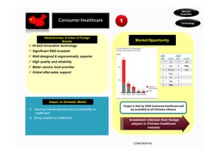 Service
                                                                                               Expertise

                    Consumer Healthcare           1                                            Technology




          Attractiveness & Value of Foreign
                       Brands                              Market Opportunity
  Hi-tech Innovative technology
  Significant R&D invested
  Well-designed & ergonomically superior
  High quality and reliability
  Better service level provider
  Global after-sales support




              Impact on Domestic Market
                                                  Target is that by 2020 Universal healthcare will
O Improve overall standard and accessibility to        be available to all Chinese citizens
   healthcare
O Bring mobility to healthcare
                                                       Investment interests from foreign
                                                         players in Chinese healthcare
                                                                    industry




                                                          CONFIDENTIAL
 