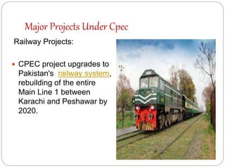 Major Projects Under Cpec
Railway Projects:
 CPEC project upgrades to
Pakistan's railway system,
rebuilding of the entire
Main Line 1 between
Karachi and Peshawar by
2020.
 