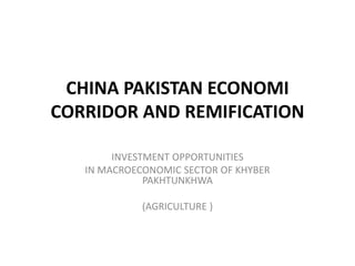 CHINA PAKISTAN ECONOMI
CORRIDOR AND REMIFICATION
INVESTMENT OPPORTUNITIES
IN MACROECONOMIC SECTOR OF KHYBER
PAKHTUNKHWA
(AGRICULTURE )
 