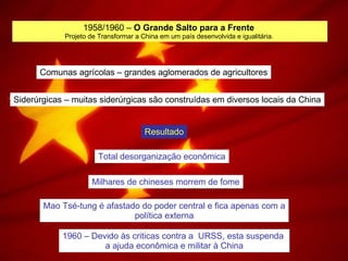 1958/1960 –  O Grande Salto para a Frente   Projeto de Transformar a China em um país desenvolvida e igualitária.  Comunas agrícolas – grandes aglomerados de agricultores Siderúrgicas – muitas siderúrgicas são construídas em diversos locais da China Resultado Total desorganização econômica Milhares de chineses morrem de fome Mao Tsé-tung é afastado do poder central e fica apenas com a política externa 1960 – Devido às criticas contra a  URSS, esta suspenda  a ajuda econômica e militar à China 