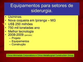 Usiminas Nova coqueira em Ipiranga – MG US$ 250 milhões 750 mil toneladas ano Melhor tecnologia 2008-2009  (período) Projeto Equipamentos Construção Equipamentos para setores de siderurgia. China Minmetals Corporations e China Metallurgical Construction Group 
