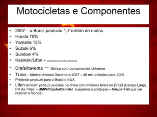 Motocicletas e Componentes 2007 – o Brasil produziu 1,7 milhão de motos Honda 75% Yamaha 13% Suzuki 6% Sundow 4% Kasinski/Lifan –  importação de motos pequenas   Drafa/Itavema  –  fábrica com componentes chineses Traxx  – fábrica chinesa Dezembro 2007 – 40 mil unidades para 2008 Pretende produzir para o Brasil e EUA Lifan  também produz veículos na china com motores feitos no Brasil (Campo Largo, PR da Tritec –  BMW/CryslerDaimler  suspensa a produçao –  Grupo Fiat  que vai reativar a fabrica) 