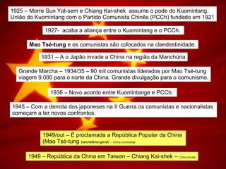 1925 – Morre Sun Yat-sem e Chiang Kai-shek  assume o pode do Kuomintang. União do Kuomintang com o Partido Comunista Chinês (PCCh) fundado em 1921 1927-  acaba a aliança entre o Kuomintang e o PCCh.  Mao Tsé-tung  e os comunistas são colocados na clandestinidade. 1931 – A o Japão invade a China na região da Manchúria Grande Marcha – 1934/35 – 90 mil comunistas liderados por Mao Tsé-tung  viagem 9.000 para o norte da China. Grande divulgação para o comunismo. 1936 – Novo acordo entre Kuomintange e PCCh.  1945 – Com a derrota dos japoneses na II Guerra os comunistas e nacionalistas  começam a ter novos confrontos.  1949/out – É proclamada a República Popular da China  (Mao Tsé-tung  (secretário-geral)   – China continental 1949 – República da China em Taiwan – Chiang Kai-shek –  China Insular 
