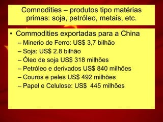Comnodities – produtos tipo matérias primas: soja, petróleo, metais, etc. Commodities exportadas para a China Minerio de Ferro: US$ 3,7 bilhão Soja: US$ 2.8 bilhão Óleo de soja US$ 318 milhões Petróleo e derivados US$ 840 milhões Couros e peles US$ 492 milhões Papel e Celulose: US$  445 milhões 