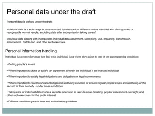 Personal data under the draft
Personal data is defined under the draft:
Individual data is a wide range of data recorded b...