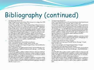 Bibliography (continued)"Google Image Result for Http://blogs.reuters.com/china//files/2009/12/cr_mega_831_RTR1VTF12.jpg." Google. Web. 27 Feb. 2011. <http://www.google.com/imgres?imgurl=http://blogs.reuters.com/china//files/2009/12/cr_mega_831_RTR1VTF12.jpg&imgrefurl=http://blogs.reuters.com/china/tag/pollution/&usg=__oJTvbTXfmQDTtoWx1HhmL_DQxYY=&h=345&w=460&sz=132&hl=en&start=103&zoom=1&tbnid=7v9lEveKBPN5lM:&tbnh=121&tbnw=155&ei=zq9qTbKtKsHGgAfaopDLCg&prev=/images?q=pollution+gas+in+china&um=1&hl=en&client=firefox-a&rls=org.mozilla:en-US:official&channel=s&biw=1366&bih=568&tbs=isch:10,2280&um=1&itbs=1&iact=hc&vpx=119&vpy=226&dur=646&hovh=194&hovw=259&tx=147&ty=102&oei=s69qTYqVL4SdlgfyzfSBAg&page=6&ndsp=21&ved=1t:429,r:7,s:103&biw=1366&bih=568>. "Google Image Result for Http://factsanddetails.com/media/2/20080222-china_population_83.jpg." Google. Web. 26 Feb. 2011. <http://www.google.com/imgres?imgurl=http://factsanddetails.com/media/2/20080222-china_population_83.jpg&imgrefurl=http://factsanddetails.com/china.php?itemid=129&catid=4&subcatid=15&usg=__ntZTBw3bgXKYimnosNLMg-VHhVE=&h=394&w=486&sz=56&hl=en&start=0&zoom=1&tbnid=xnh3tY0QOQYE2M:&tbnh=123&tbnw=152&ei=H5BpTc7wI9OtgQfUzInMCg&prev=/images?q=population+of+china&um=1&hl=en&client=firefox-a&sa=N&rls=org.mozilla:en-US:official&channel=s&biw=1366&bih=568&tbs=isch:1&um=1&itbs=1&iact=hc&vpx=312&vpy=104&dur=557&hovh=202&hovw=249&tx=131&ty=112&oei=7o9pTcC2KMGqlAefm8iDAg&page=1&ndsp=22&ved=1t:429,r:1,s:0>. "Google Image Result for Http://forum.globaltimes.cn/forum/attachment.php?attachmentid=15545&d=1260407790." Google. Web. 27 Feb. 2011. <http://www.google.com/imgres?imgurl=http://forum.globaltimes.cn/forum/attachment.php?attachmentid=15545&d=1260407790&imgrefurl=http://forum.globaltimes.cn/forum/showthread.php?t=10018&usg=__AevBCPMU1BoX71kTj4X632yUHsI=&h=285&w=400&sz=53&hl=en&start=0&zoom=1&tbnid=ebVRePltxlwW_M:&tbnh=132&tbnw=183&ei=PJxqTYrOL8X_lgeYl_mBAg&prev=/images?q=religions+in+china&um=1&hl=en&client=firefox-a&sa=N&rls=org.mozilla:en-US:official&channel=s&biw=1366&bih=568&tbs=isch:1&um=1&itbs=1&iact=rc&dur=410&oei=PJxqTYrOL8X_lgeYl_mBAg&page=1&ndsp=23&ved=1t:429,r:7,s:0&tx=132&ty=65>. "Google Image Result for Http://images-en.busytrade.com/119623400/Double-decker-Bus.jpg." Google. Web. 27 Feb. 2011. <http://www.google.com/imgres?imgurl=http://images-en.busytrade.com/119623400/Double-decker-Bus.jpg&imgrefurl=http://shawnmao.en.busytrade.com/products/info/1155286/Double-decker-Bus.html&usg=__f9nNKMQHtkK-NS_b-roL0SWuRkY=&h=730&w=973&sz=93&hl=en&start=0&zoom=1&tbnid=mVaL_Jic6KFjlM:&tbnh=143&tbnw=237&ei=eblqTZjXKpDEgAfd2_DLCg&prev=/images?q=double+decker+bus+in+china&um=1&hl=en&client=firefox-a&rls=org.mozilla:en-US:official&channel=s&biw=1366&bih=568&tbs=isch:10,226&um=1&itbs=1&iact=rc&dur=397&oei=SblqTayXMYH6lwfa_vGBAg&page=1&ndsp=18&ved=1t:429,r:17,s:0&tx=72&ty=55&biw=1366&bih=568>. 