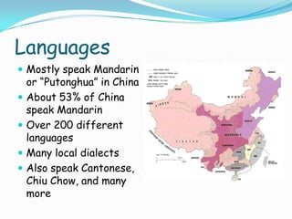 LanguagesMostly speak Mandarin or “Putonghua” in ChinaAbout 53% of China speak MandarinOver 200 different languagesMany local dialectsAlso speak Cantonese, Chiu Chow, and many more