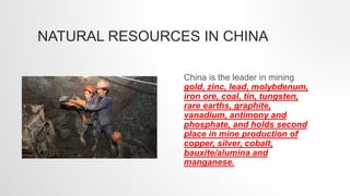 NATURAL RESOURCES IN CHINA
China is the leader in mining
gold, zinc, lead, molybdenum,
iron ore, coal, tin, tungsten,
rare earths, graphite,
vanadium, antimony and
phosphate, and holds second
place in mine production of
copper, silver, cobalt,
bauxite/alumina and
manganese.
 