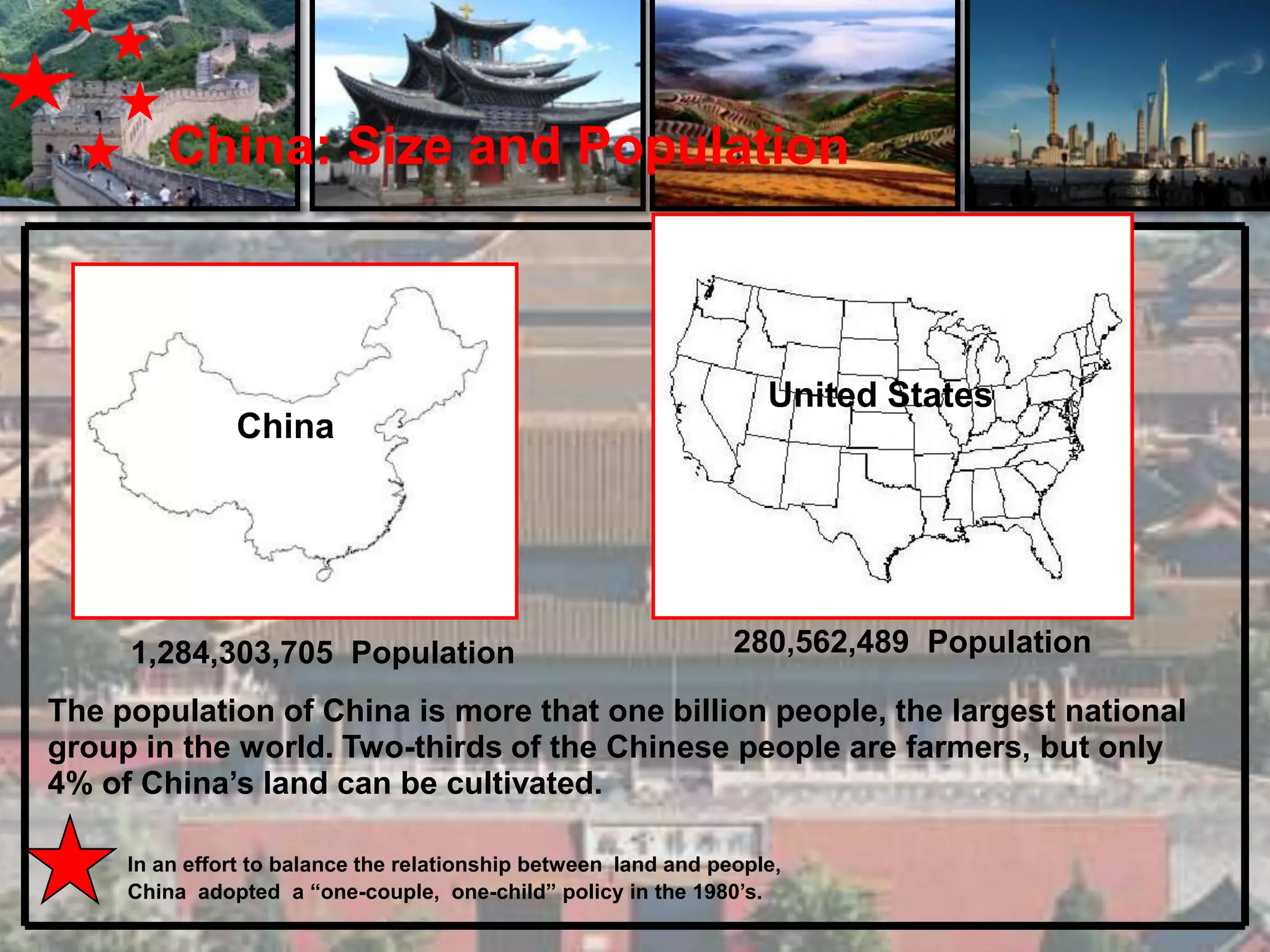 China: Size and Population



                                                                    United States
               China

       9,596,960 Square area                                        9,629,091 Square area



     1,284,303,705 Population                                    280,562,489 Population

The population of China is more that one billion people, the largest national
group in the world. Two-thirds of the Chinese people are farmers, but only
4% of China’s land can be cultivated.

     In an effort to balance the relationship between land and people,
     China adopted a “one-couple, one-child” policy in the 1980’s.
 