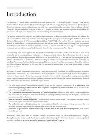 2 | 2014 | BRUNSWICK ©
Introduction
On Thursday 13th
March, China concluded the second session of the 12th
National People...