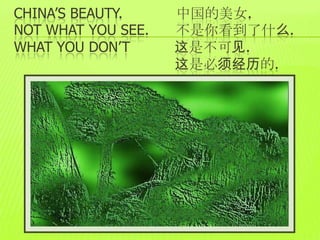 CHINA’S BEAUTY.     中国的美女.
NOT WHAT YOU SEE.   不是你看到了什么.
WHAT YOU DON’T      这是不可见.
                    这是必须经历的.
 