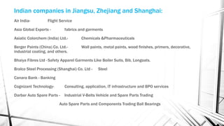 Indian companies in Jiangsu, Zhejiang and Shanghai:
Air India- Flight Service
Asia Global Exports - fabrics and garments
Asiatic Colorchem (India) Ltd.- Chemicals &Pharmaceuticals
Berger Paints (China) Co. Ltd.- Wall paints, metal paints, wood finishes, primers, decorative,
industrial coating, and others.
Bhaiya Fibres Ltd -Safety Apparel Garments Like Boiler Suits, Bib, Longoats.
Bralco Steel Processing (Shanghai) Co. Ltd - Steel
Canara Bank - Banking
Cognizant Technology- Consulting, application, IT infrastructure and BPO services
Darbar Auto Spare Parts - Industrial V-Belts Vehicle and Spare Parts Trading
Auto Spare Parts and Components Trading Ball Bearings
 