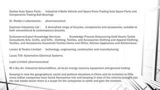 Darbar Auto Spare Parts - Industrial V-Belts Vehicle and Spare Parts Trading Auto Spare Parts and
Components Trading Ball Bearings
Dr. Reddy's Laboratories - pharmaceutical
Eastman Industries Ltd - A diversified range of bicycles, components and accessories, suitable to
both conventional & contemporary bicycles.
Evalueserve-Export Knowledge Services- Knowledge Process Outsourcing Gold Hearts Textile
Consultants Arts, Crafts, and Gifts - Clothing, Textiles, and Accessories Clothing and Apparel Clothing,
Textiles, and Accessories Household Textiles Home and Office, Kitchen Appliances and Kitchenware.
Larsen & Toubro Limited - technology, engineering, construction and manufacturing
Lucas TVS- Automotive Electrical Systems
Lupin Limited- pharmaceutical
M/s Bry-Air -Industrial dehumidifiers, air-to-air energy recovery equipment and general trading
Keeping in view the geographical, social and political situations in China and its invitation to FDIs
many Indian companies have found themselves into and keeping in view of the reforms brought into
the real estate sector there is a scope for the companies to settle and gain the markets.
 