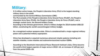 • 2.3 million active troops, the People's Liberation Army (PLA) is the largest standing
military force in the world
• commanded by the Central Military Commission (CMC)
• The PLA consists of the People's Liberation Army Ground Force (PLAGF), the People's
Liberation Army Navy (PLAN), the People's Liberation Army Air Force (PLAAF), and a
strategic nuclear force, the Second Artillery Corps.
• According to the Chinese government, China's military budget for 2014 totalled US$132
billion, constituting the world's second-largest military budget.
• As a recognized nuclear weapons state, China is considered both a major regional military
power and a potential military superpower.
•
• China has developed or acquired numerous advanced missile systems including anti-
satellite missiles, cruise missiles and submarine-launched nuclear ICBMs.
• According to the Stockholm International Peace Research Institute's data, China became
the world's third largest exporter of major arms in 2010–14, an increase of 143 per cent
from the period 2005–09.
Military:
 