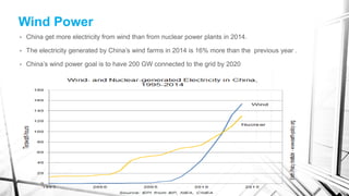 Wind Power
• China get more electricity from wind than from nuclear power plants in 2014.
• The electricity generated by China’s wind farms in 2014 is 16% more than the previous year .
• China’s wind power goal is to have 200 GW connected to the grid by 2020
 