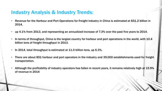 Industry Analysis & Industry Trends:
• Revenue for the Harbour and Port Operations for Freight industry in China is estimated at $51.2 billion in
2014,
• up 4.1% from 2013, and representing an annualized increase of 7.3% over the past five years to 2014.
• In terms of throughput, China is the largest country for harbour and port operations in the world, with 10.4
billion tons of freight throughput in 2013.
• In 2014, total throughput is estimated at 11.0 billion tons, up 6.3%.
• There are about 851 harbour and port operators in the industry and 39,000 establishments used for freight
transportation.
• Although the profitability of industry operators has fallen in recent years, it remains relatively high at 15.9%
of revenue in 2014
 