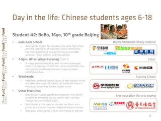 Student #2: BoBo, 16yo, 10th grade Beijing
•  6am-5pm School
–  Bobo spends most of his weekday in his public high school,
while his ﬁrst 9 years of mandatory school were tuition-
free, from grades 10-12 his parents must pay 2k RMB/
semester + book, uniform, and material fees
•  7-9pm: After-school tutoring (1 on 1)
–  A college student helps Bobo with his more challenging
subjects 2x/week for 50-150/hour, once a month Bobo also
meets with a qualiﬁed teacher who charges between
200-500rmb/hour
•  Weekends:
–  Bobo takes weekend English classes at New Oriental, he has
also taken course speciﬁc subjects at Xueda and Xuersi in
the past to ensure high Gaokao subject scores
•  Other free time:
–  Bobo ﬁlls out subject speciﬁc exercise books, they are not
assigned as homework, but his parents feel it will help
improve his score on the Gaokao
–  Bobo studies a little piano on the side, but this is not a
priority as it does not improve college admittance chances
–  Bobo plays online games or chats with friends on WeChat
11	
  
Day in the life: Chinese students ages 6-18
Online homework/study material
Tutor
Training School
Arts-education (for arts exams)
 