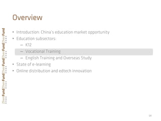 •  Introduction: China’s education market opportunity
•  Education subsectors:
–  K12
–  Vocational Training
–  English Training and Overseas Study
•  State of e-learning
•  Online distribution and edtech innovation
14	
  
Overview
 