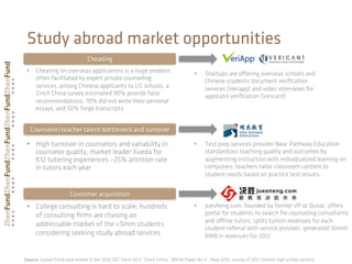 Study abroad market opportunities
Cheating
•  Startups are oﬀering overseas schools and
Chinese students document veriﬁcation
services (Veriapp) and video interviews for
applicant veriﬁcation (Vericant)
•  Test prep services provider New Pathway Education
standardizes teaching quality and outcomes by
augmenting instruction with individualized learning on
computers; teachers tailor classroom content to
student needs based on practice test results
Source: Xueda Fiscal year ended 31 Dec 2012 SEC Form 20-F, Zinch China, “White Paper No 4”, May 2010, survey of 250 Chinese high school seniors
Counselor/teacher talent bottleneck and turnover
Customer acquisition
•  Juesheng.com, founded by former VP at Qunar, oﬀers
portal for students to search for counseling consultants
and oﬄine tutors, splits tuition revenues for each
student referral with service provider, generated 30mm
RMB in revenues for 2012
•  Cheating on overseas applications is a huge problem,
often facilitated by expert private counseling
services, among Chinese applicants to US schools, a
Zinch China survey estimated 90% provide false
recommendations, 70% did not write their personal
essays, and 50% forge transcripts
•  High turnover in counselors and variability in
counselor quality, market leader Xueda for
K12 tutoring experiences ~25% attrition rate
in tutors each year
•  College consulting is hard to scale; hundreds
of consulting ﬁrms are chasing an
addressable market of the <5mm students
considering seeking study abroad services
 