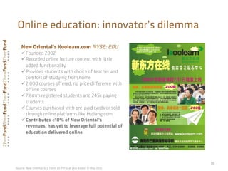 Online education: innovator’s dilemma
30	
  
New Oriental’s Koolearn.com NYSE: EDU
ü Founded 2002
ü Recorded online lecture content with little
added functionality
ü Provides students with choice of teacher and
comfort of studying from home
ü 2,000 courses oﬀered, no price diﬀerence with
oﬄine courses
ü 7.8mm registered students and 245k paying
students
ü Courses purchased with pre-paid cards or sold
through online platforms like Hujiang.com
ü Contributes <10% of New Oriental’s
revenues, has yet to leverage full potential of
education delivered online	
  
	
  
	
  
	
  
	
  	
  
Source: New Oriental SEC Form 20-F Fiscal year ended 31 May 2012
 