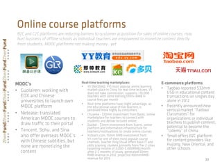 33
Online course platforms
MOOC’s
•  Guolairen: working with
EDX and Chinese
universities to launch own
MOOC platform
•  Netease: translated
American MOOC courses to
draw traﬃc to their portal
•  Tencent, Sohu, and Sina
also oﬀer overseas MOOC’s
with Chinese subtitles, but
none are monetizing the
content
Real-time teaching marketplaces:
•  YY (NASDAQ: YY) most popular online learning
market-place in China for real-time lectures, YY
does not take commission, supports ~10,000
teachers with some earning 1mm+ RMB in
course fees per month
•  Real-time platforms have slight advantage, as
the educational value of live teachers is
perceived more highly by consumers
•  Chuanke - $10mm investment from Baidu, online
marketplace for teachers to connect with
students and deliver lectures online;
•  Duobei - $3mm investment from Xuersi, online
platform and information infrastructure for
teachers/instituations to create online courses
•  Xsteach.com, 15mm RMB investment from
YY.com for one of their most popular course
channels, teacher Xing ShuaI oﬀers basic IT and
skills training, student primarily from Tier 2 cities
targeting income of 3,000-5,000RMB/month
after 2-3 months of study, generated 30mm
RMB revenue in 2012, projected 100mmRMB
revenue for 2013
B2C and C2C platforms are reducing barriers to customer acquisition for sales of online courses, may
hurt business of oﬄine schools as individual teachers are empowered to monetize content directly
from students, MOOC platforms not making money…yet
E-commerce platforms
•  Taobao reported $32mm
USD in educational content
transactions on singles day
alone in 2012
•  Recently announced new
vertical market “Taobao
Classmates” for
organizations or individual
teachers to publish content,
potential to become the
“Udemy” of China
•  Tmall oﬀers B2C platform
for content providers like
Hujiang, New Oriental, and
other schools
 